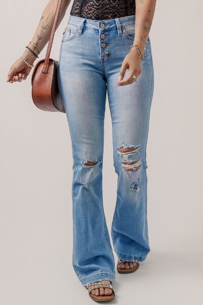 Button-Fly Distressed Flare Jeans | 1mrk.com