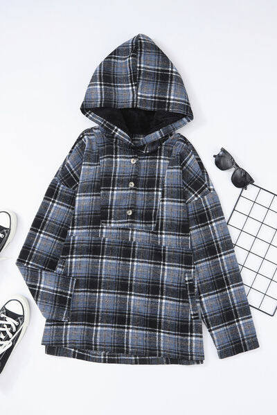 Plaid Long Sleeve Buttoned Hoodie |1mrk.com