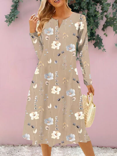 Floral Notched Long Sleeve Midi Dress |1mrk.com