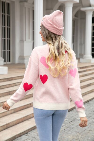 Heart Round Neck Droppped Shoulder Sweater |1mrk.com