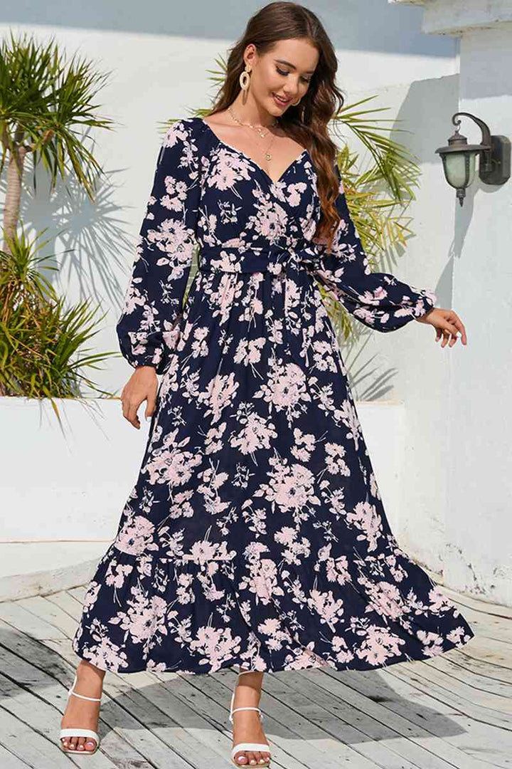 Floral Print V-Neck Long Sleeve Maxi Dress |1mrk.com