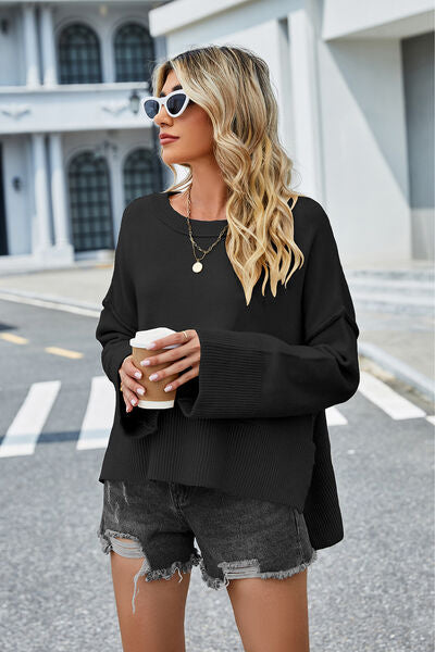 High-Low Slit Round Neck Long Sleeve Sweater | Trendsi