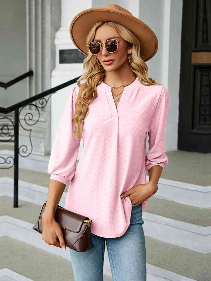 Notched Neck Three-Quarter Sleeve Blouse | 1mrk.com