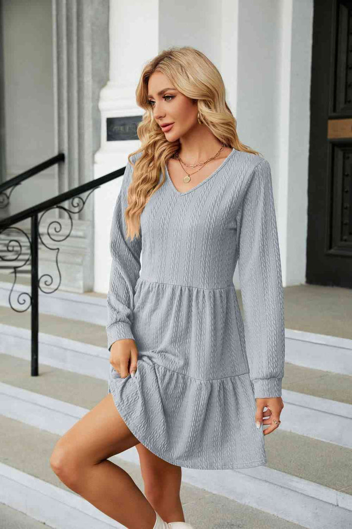 V-Neck Long Sleeve Mini Dress |1mrk.com