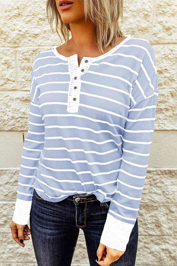 Striped Waffle Knit Henley Long Sleeve Top | 1mrk.com