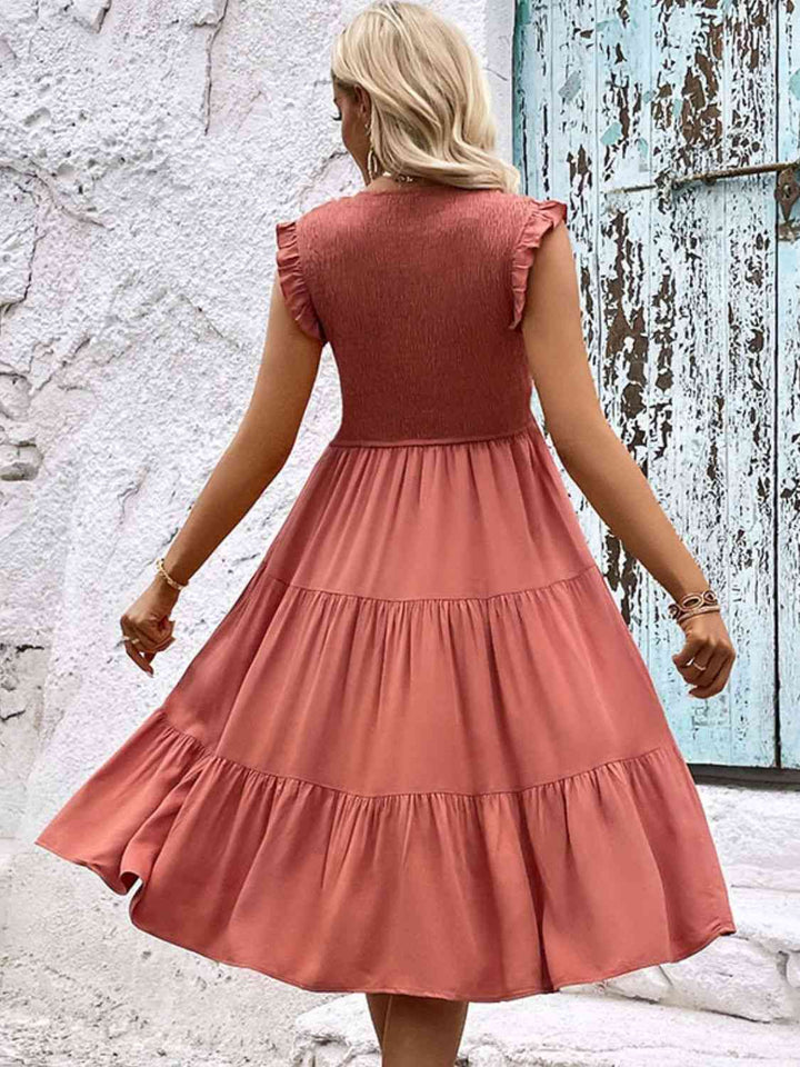 Smocked Round Neck Tiered Dress |1mrk.com