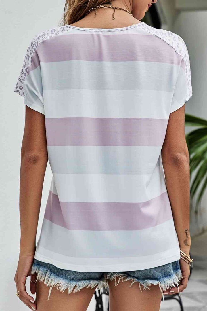 Leopard Striped V-Neck Tee Shirt | 1mrk.com