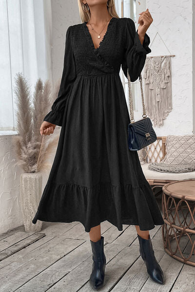 Smocked Surplice Flounce Sleeve Midi Dress |1mrk.com