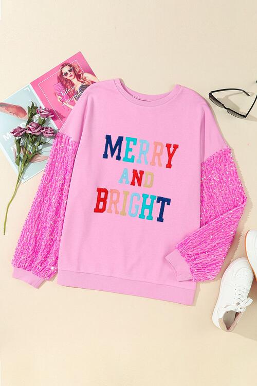 MERRY AND BRIGHT Sequin Long Sleeve Sweatshirt |1mrk.com