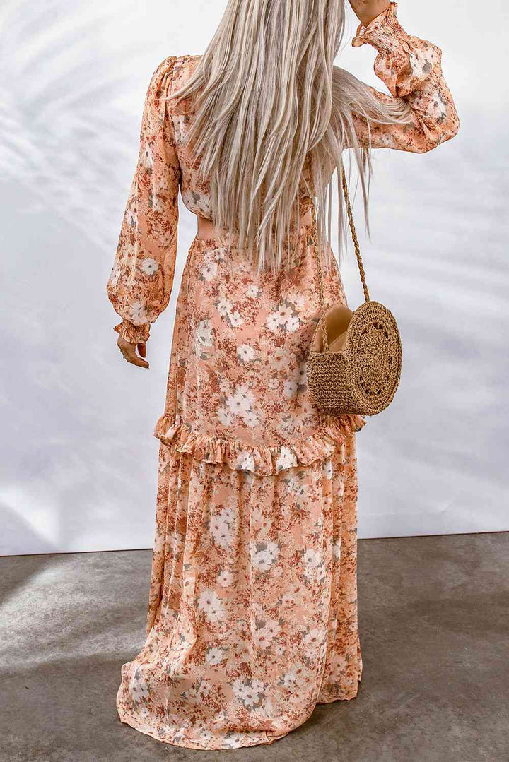 Floral Cutout Frill Trim Flounce Sleeve Dress |1mrk.com