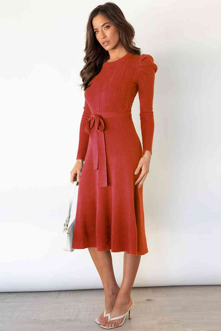 Round Neck Long Sleeve Tie Waist Sweater Dress | 1mrk.com