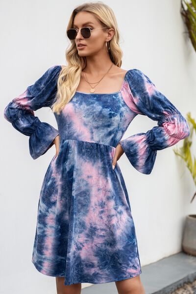 Tie-Dye Square Neck Flounce Sleeve Dress |1mrk.com