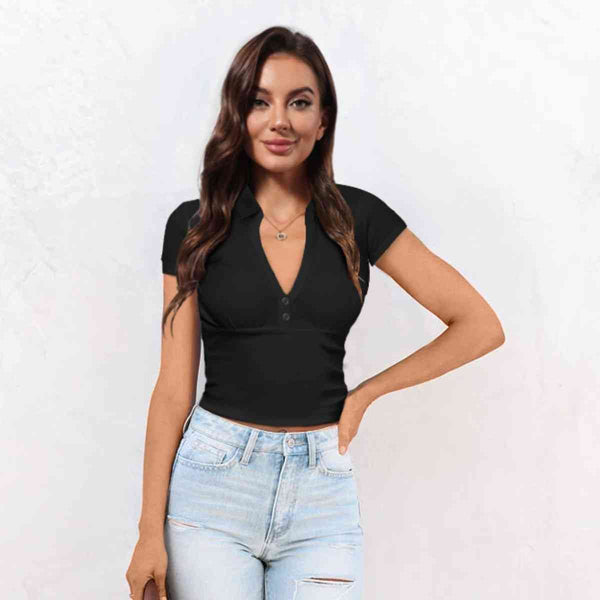 Buttoned Johnny Collar Short Sleeve Top | 1mrk.com