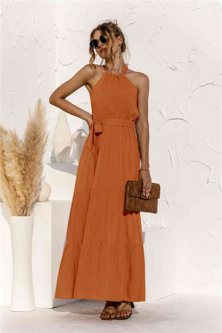 Halter Neck Tie Waist Tiered Maxi Dress |1mrk.com