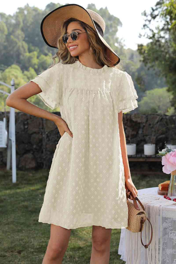 Swiss Dot Round Neck Flutter Sleeve Dress |1mrk.com