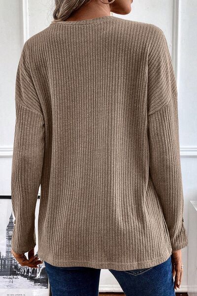 Ribbed Half Button Long Sleeve Knit Top |1mrk.com