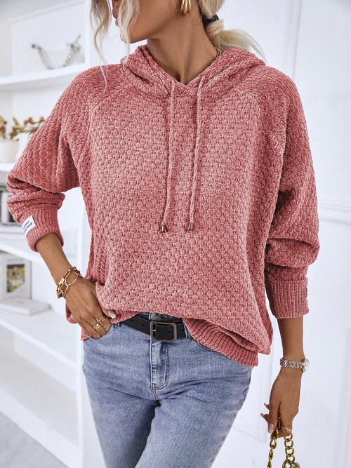 Texture Drawstring Long Sleeve Hooded Sweater | 1mrk.com