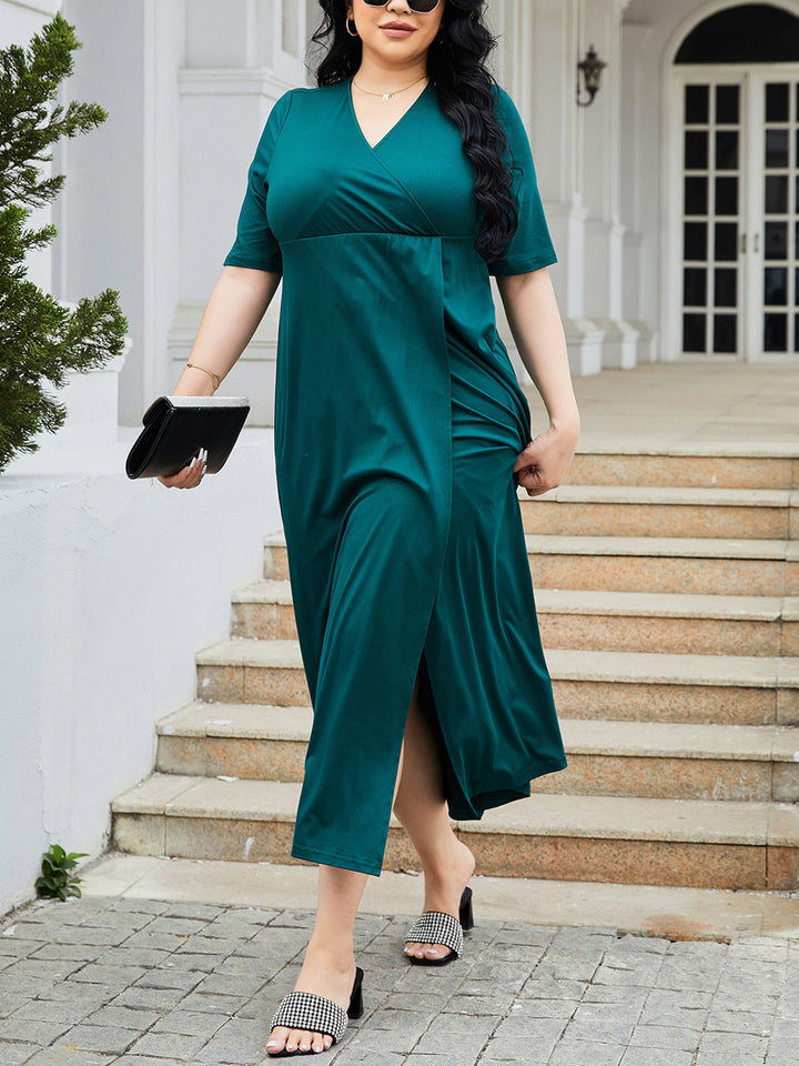 Plus Size Slit Surplice Short Sleeve Midi Dress | Trendsi