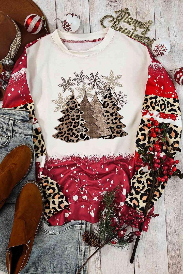 Christma Tree Graphic Leopard Round Neck Sweatshirt |1mrk.com