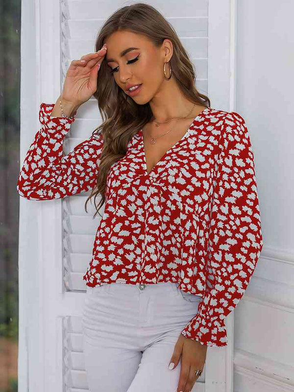 Printed V-Neck Flounce Sleeve Blouse | 1mrk.com