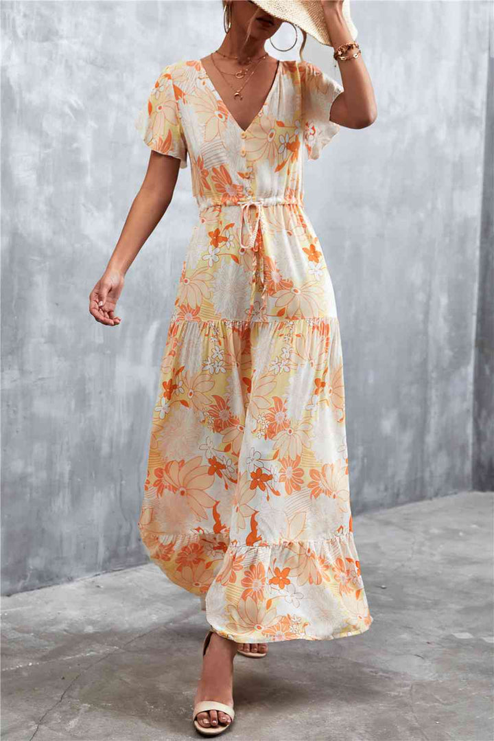 Floral Buttoned Drawstring Waist Tiered Dress |1mrk.com