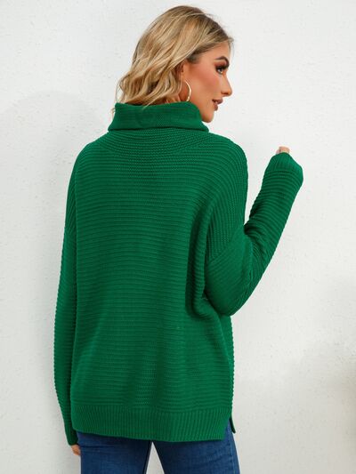 Slit Turtleneck Dropped Shoulder Sweater |1mrk.com