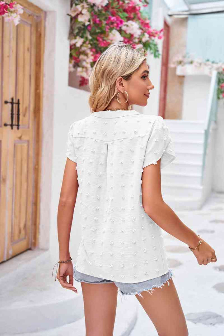 Swiss Dot Petal Sleeve Notched Top | 1mrk.com