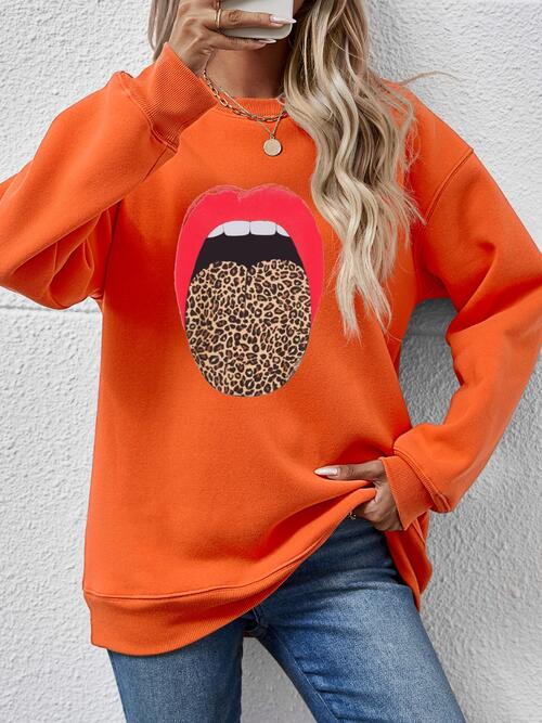 Leopard Lip Graphic Round Neck Sweatshirt |1mrk.com