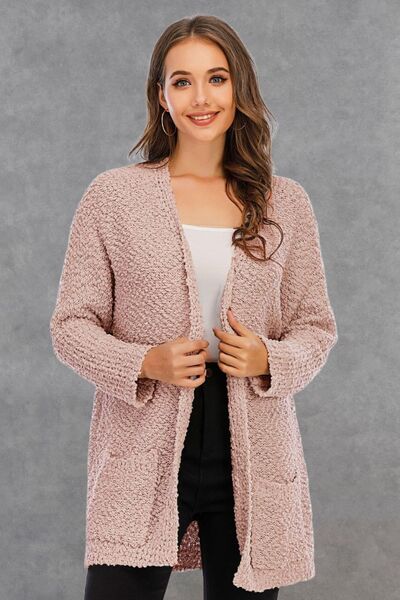 Pocketed Open Front Long Sleeve Cardigan |1mrk.com