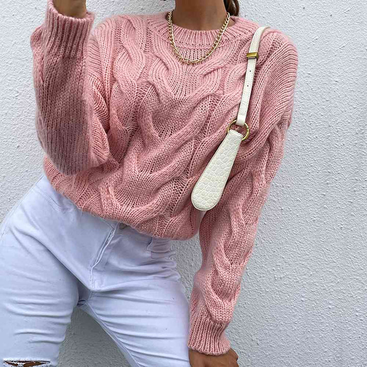 Cable-Knit Round Neck Long Sleeve Sweater |1mrk.com