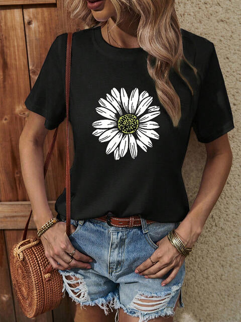 Sunflower Graphic Round Neck T-Shirt | 1mrk.com