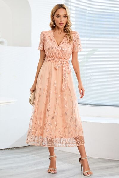 Sequin Leaf Embroidery Tie Front Short Sleeve Dress |1mrk.com