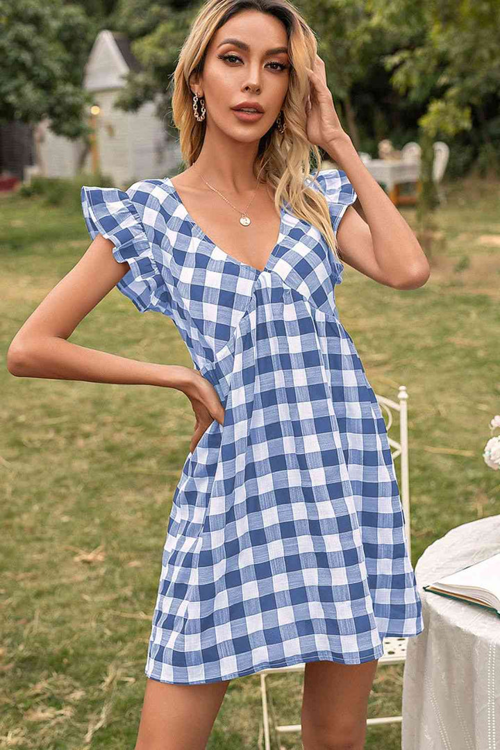 Plaid Butterfly Sleeve Deep V Dress |1mrk.com