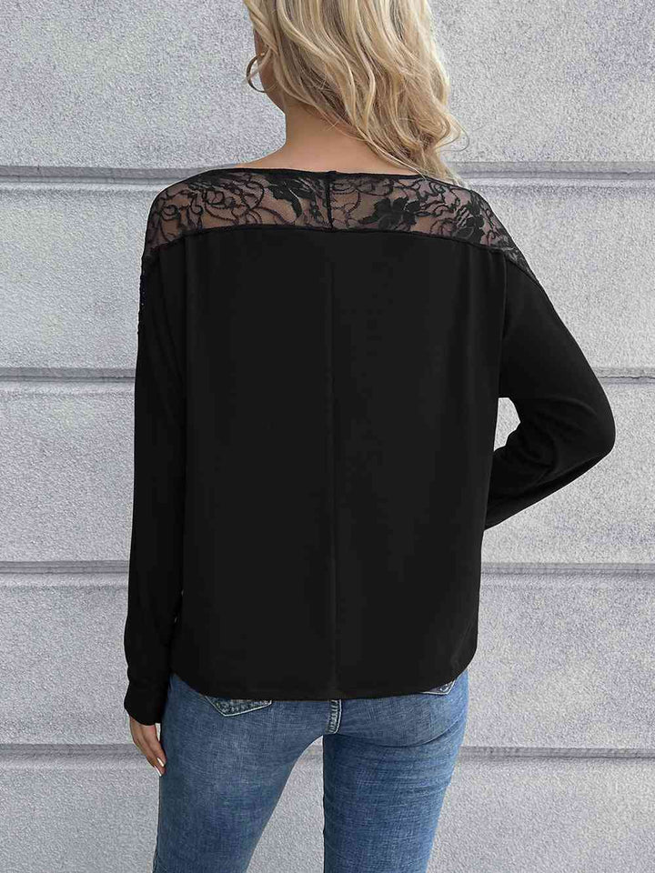 Lace Long Sleeve Round Neck Tee | 1mrk.com