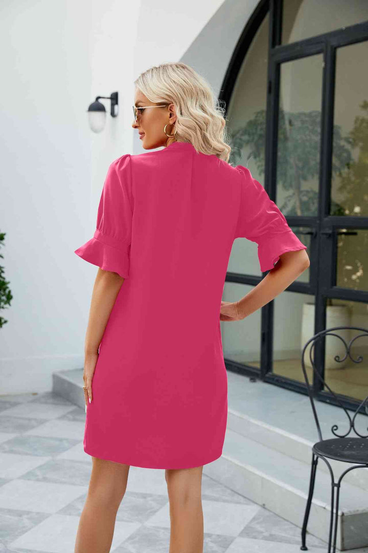 Notched Neck Flounce Sleeve Mini Dress |1mrk.com