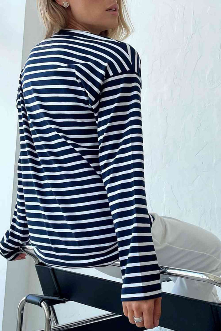 Round Neck Striped Dropped Shoulder T-Shirt | 1mrk.com