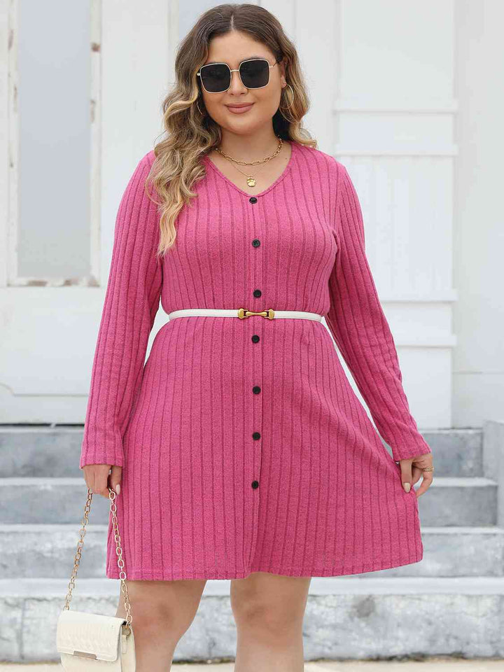 Plus Size Ribbed Buttoned V-Neck Long Sleeve Dress |1mrk.com