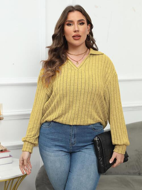 Plus Size Ribbed Collared Neck Long Sleeve Blouse | 1mrk.com