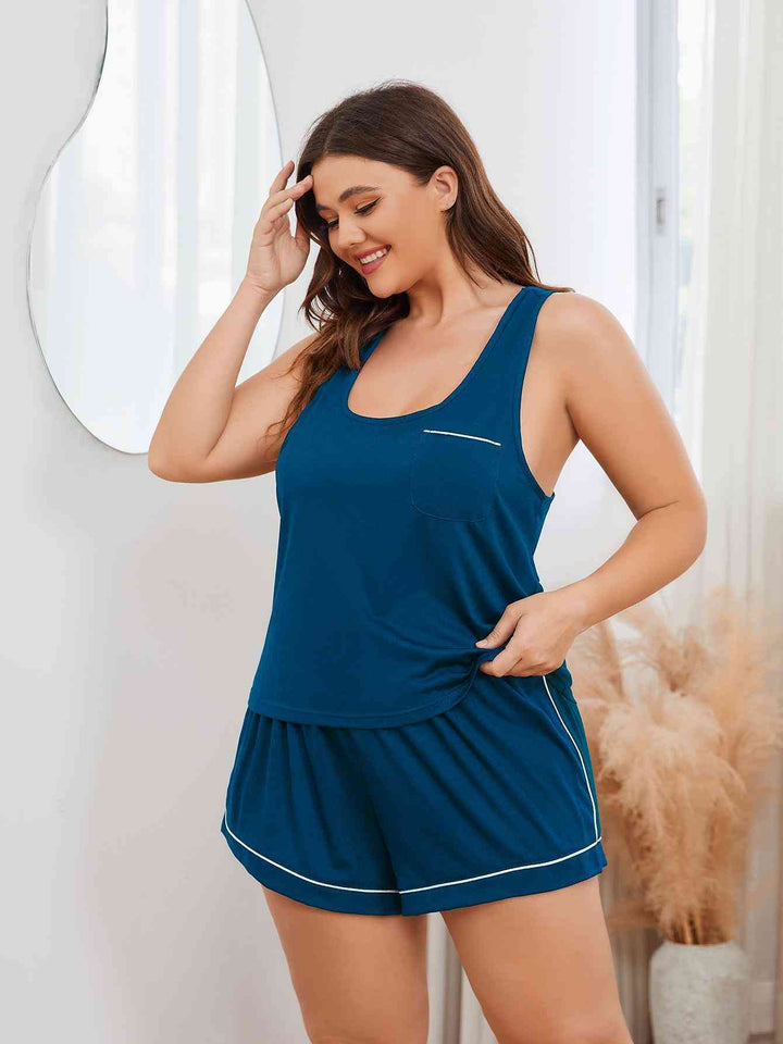 Plus Size Contrast Piping Racerback Tank and Shorts Lounge Set | 1mrk.com