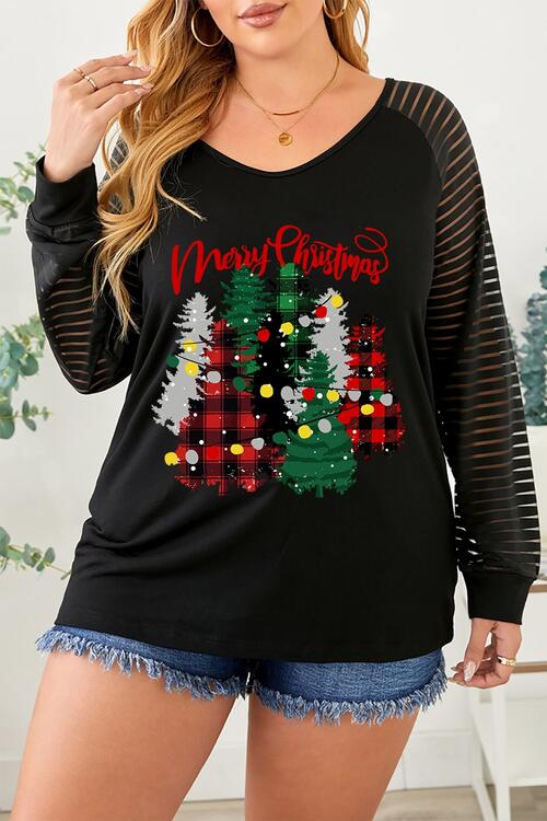 Plus Size Christmas Tree Striped Round Neck T-Shirt | 1mrk.com