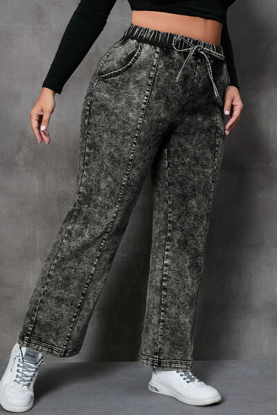 Plus Size Drawstring Pocketed Straight Jeans | 1mrk.com