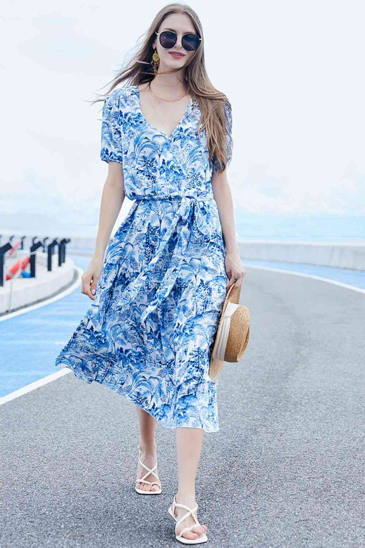 Full Size Belted Surplice Short Sleeve Midi Dress |1mrk.com