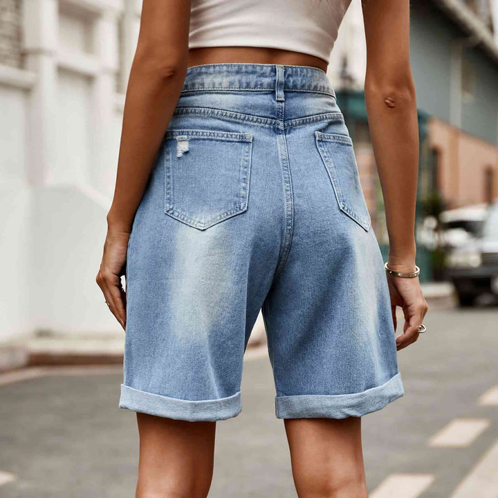 Distressed Buttoned Denim Shorts with Pockets | 1mrk.com