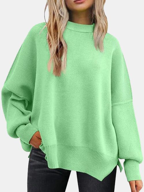 Round Neck Drop Shoulder Slit Sweater |1mrk.com