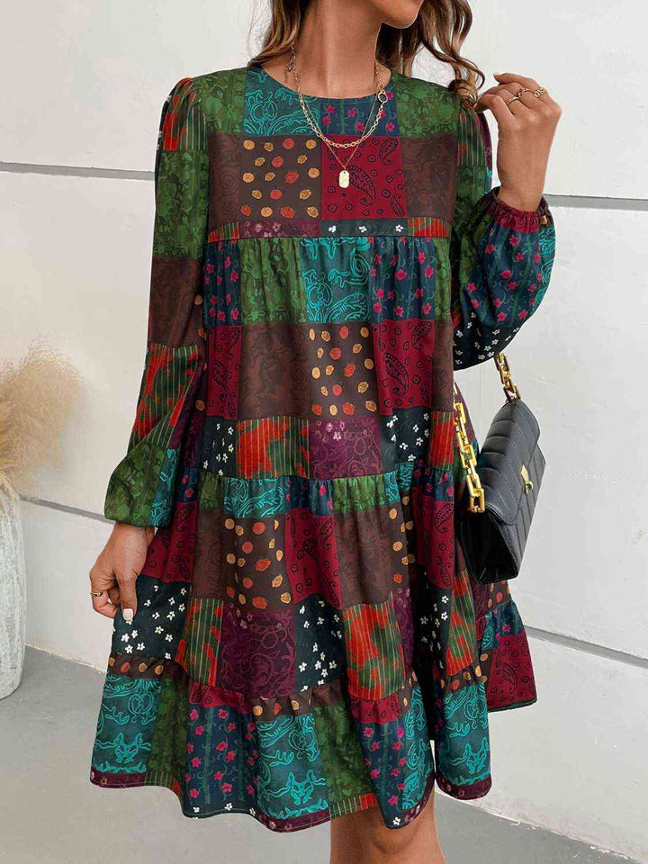 Patchwork Round Neck Long Sleeve Dress | 1mrk.com