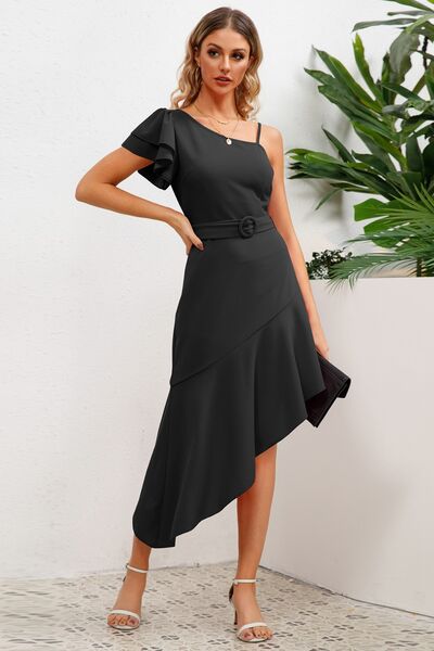 Ruffled Asymmetrical Neck Flutter Sleeve Dress |1mrk.com