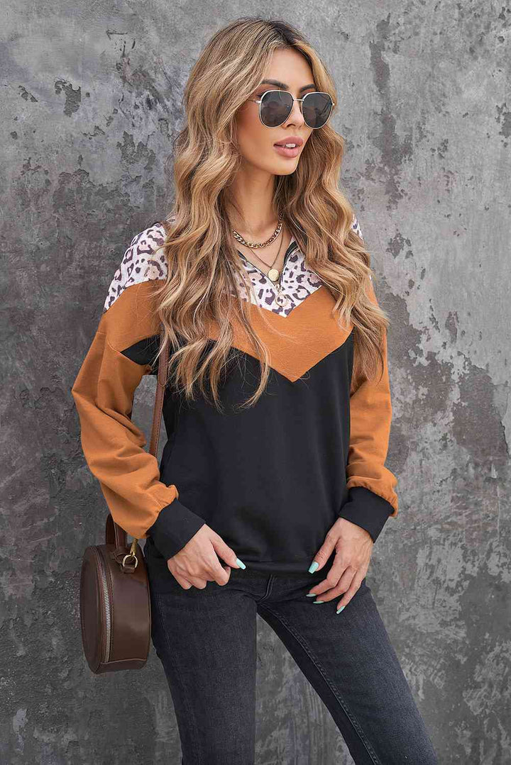 Leopard Color Block Quarter-Zip Sweatshirt |1mrk.com