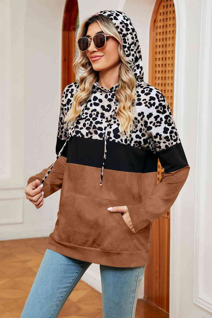 Leopard Drawstring Hoodie with Pocket |1mrk.com