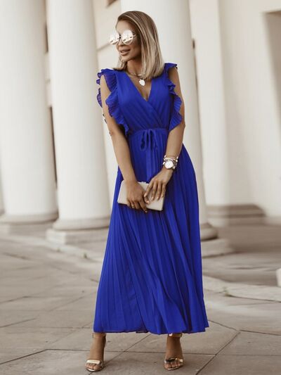 Tied Surplice Cap Sleeve Pleated Dress |1mrk.com