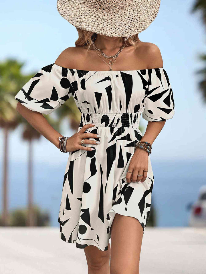 Printed Off-Shoulder Smocked Waist Dress |1mrk.com